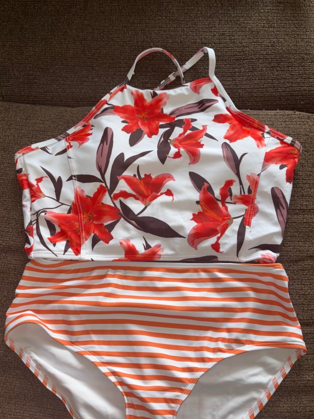 Two piece medium bathing swim suit orange white flowers